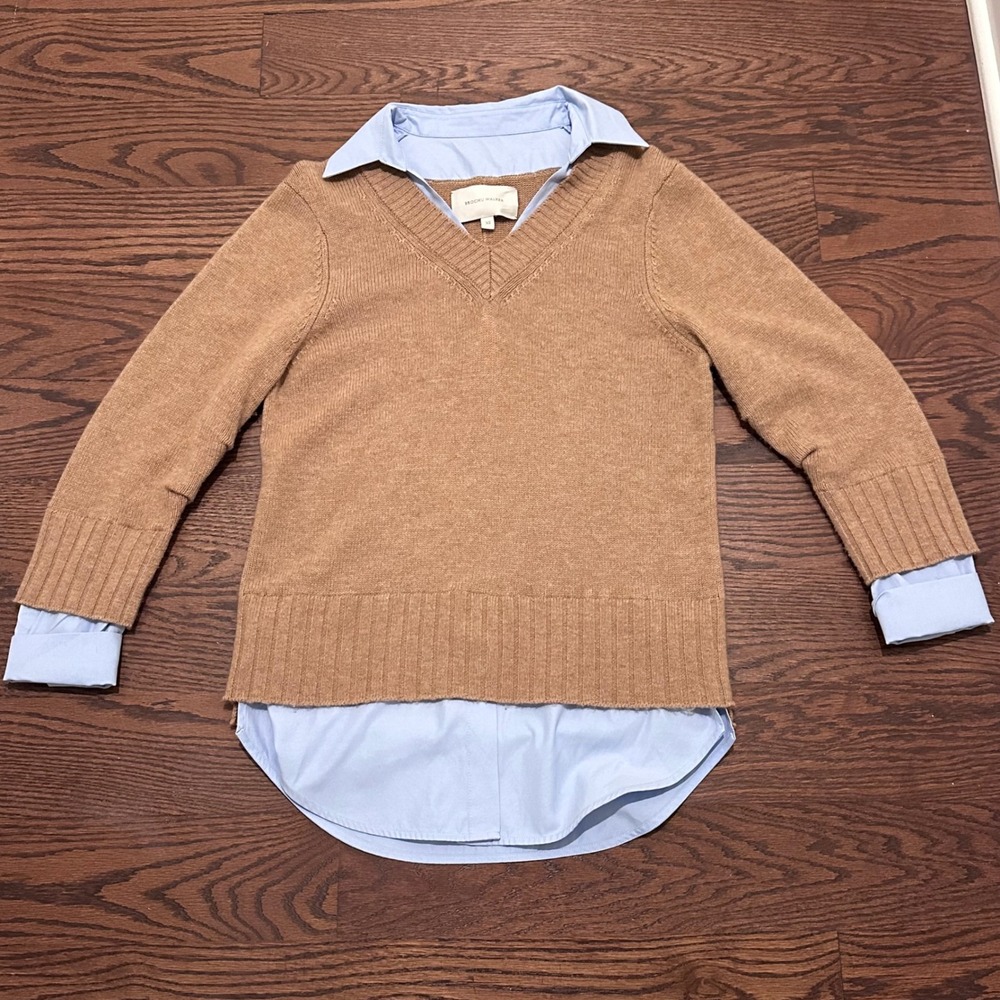 Brochu Walker Wool Cashmere Layered Look V-Neck Sweater Camel Blue JER3984 XS